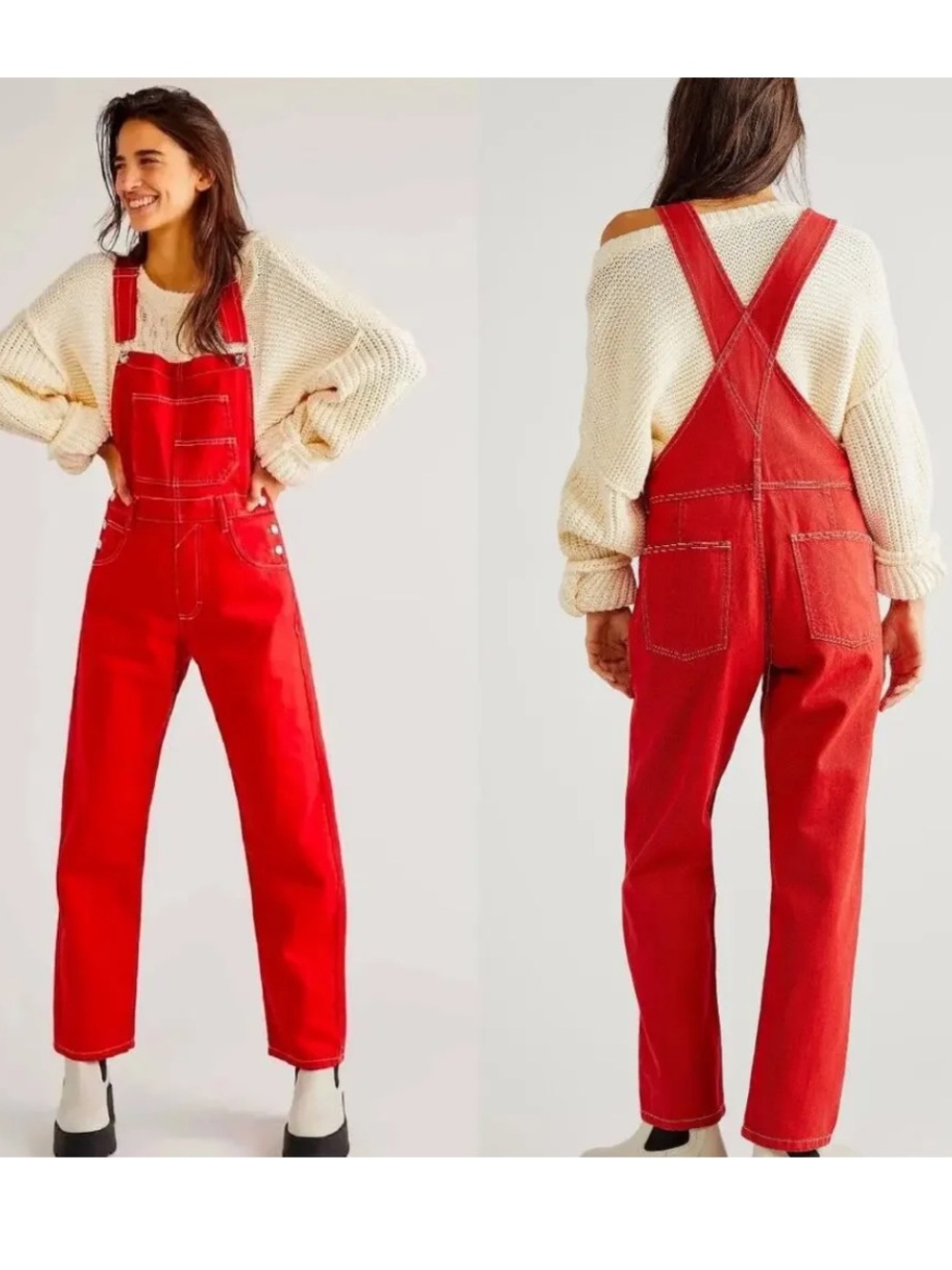 Free People We The Free Ziggy Red Denim Overalls in Heart Eyes Red - Picture 4 of 16